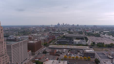 establishing drone shot of the new center area in detroit, michigan