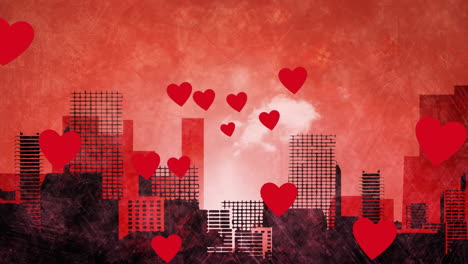 animation of red hearts over painted red sky and black cityscape