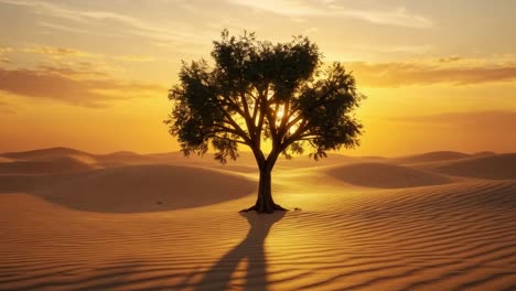 a breathtaking sunset casts vibrant colors over a lone tree standing in the desert, creating mesmerizing shadows and highlights