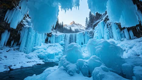 majestic frozen waterfall: a stunning winter wonderland featuring ice formations and glacial blue tones in a picturesque mountain landscape