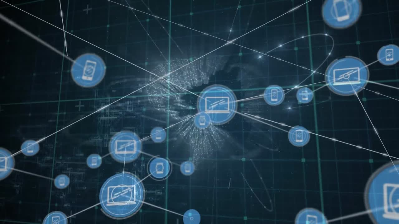 animación de la red de conexiones con iconos de globo y cuadrícula