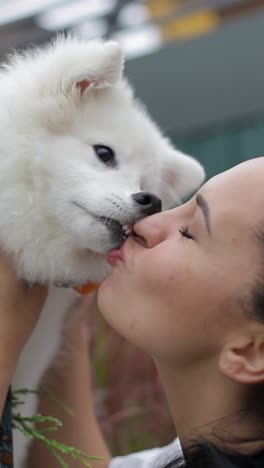 a woman lovingly kisses a small white dog showing their bond a woman tenderly kisses a small white dog on the nose showcasing their evident bond filled with affection and joy