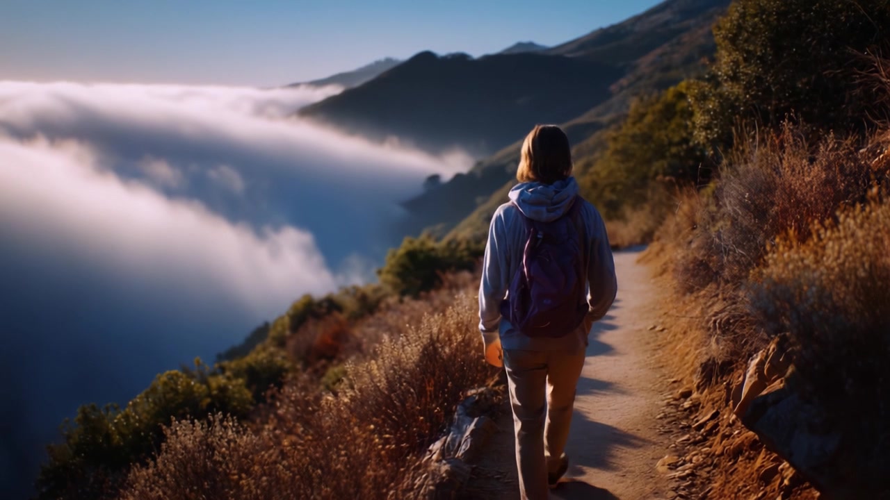 A Solitary Hiker Walking Along a Mountain Trail Overlooking a Sea of Fog and Majestic Hills during Sunrise, Capturing the Beauty of Nature