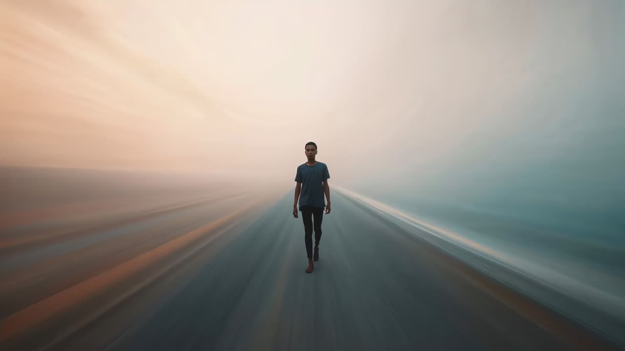 Walking adult Asian male moving toward camera on long path, radial blur streaks and hazy horizon