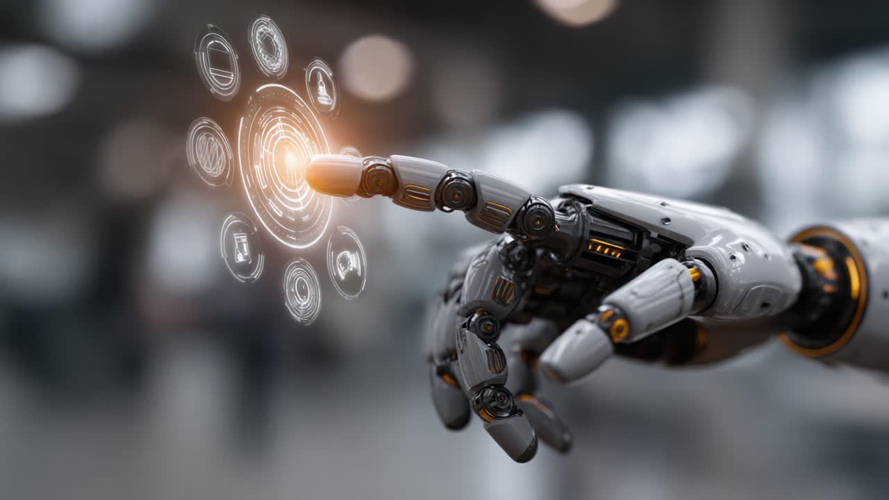 An Advanced Robotic Hand Engaging with Interactive Technology, Demonstrating the Fusion of Engineering and Innovation in a High-Tech Environment