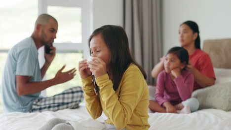 Paper,-sick-and-kid-blowing-nose-in-bedroom-home