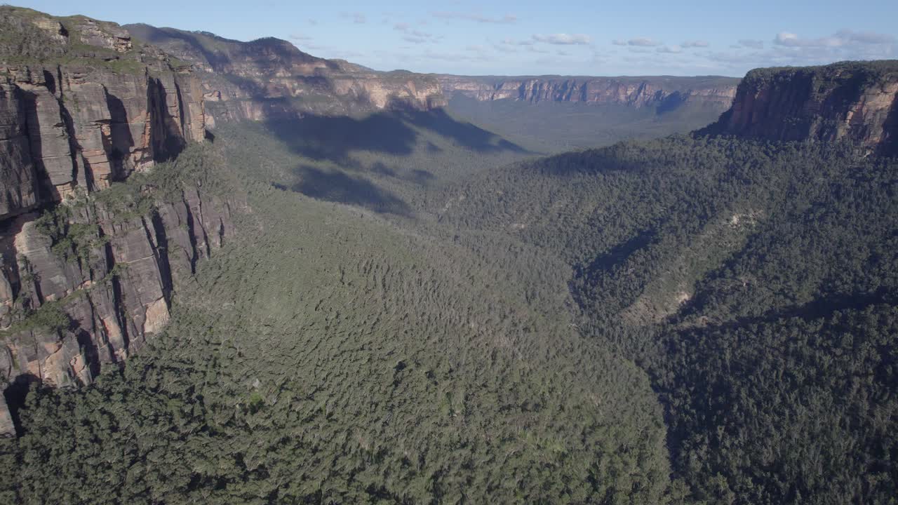 오스트레일리아 의 블루 마운틴스 국립 공원 에 있는 벽 들 의 전망대 와 울창 한 숲