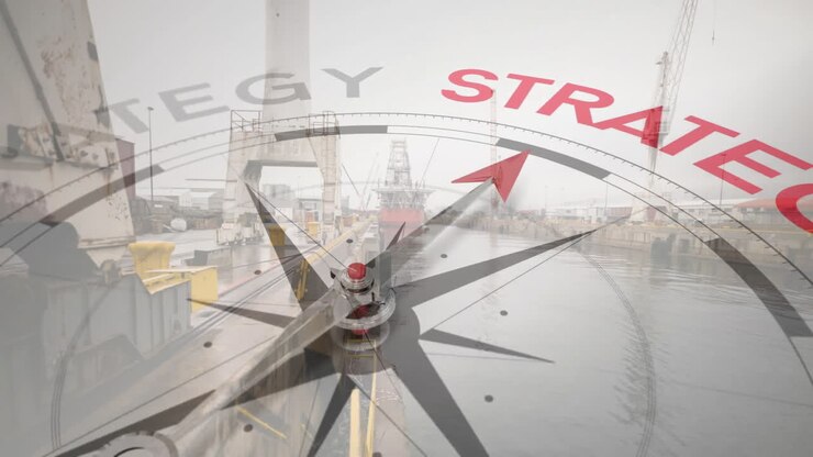 Animation of compass spinning and strategy text over shipyard