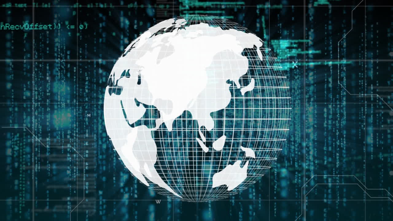 Animation of globe rotating over data processing in green and black space