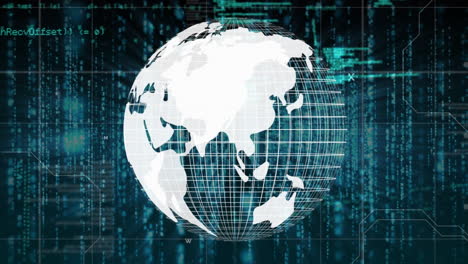 animation of globe rotating over data processing in green and black space