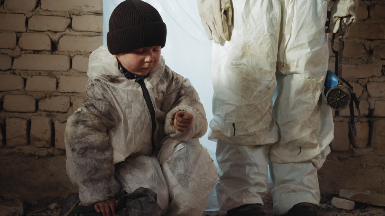 Displaced youth wearing knitted beanie and protective suit stands near damaged brick wall with weary smudged face, showing fatigue, confusion, and emotional struggle in aftermath of disaster