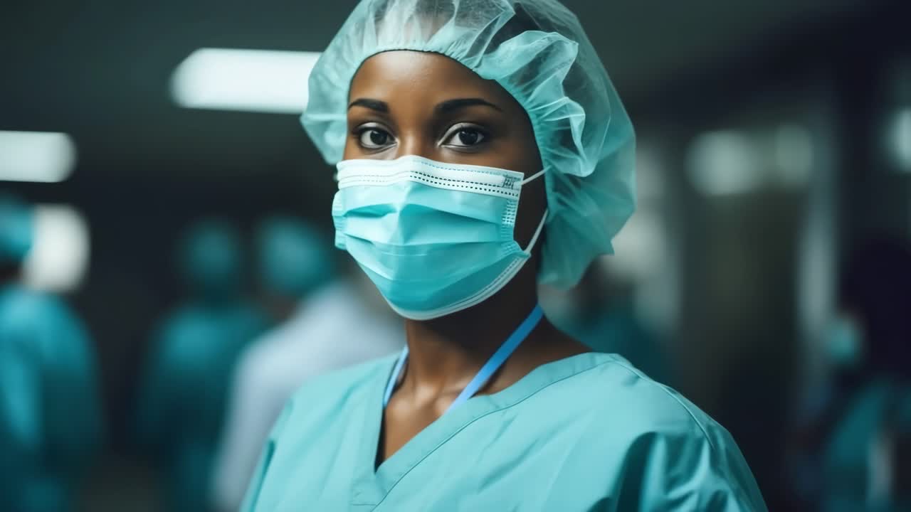 Close-up de vídeo de uma enfermeira focada, de uniforme cirúrgico e máscara, capturado ao nível dos olhos.