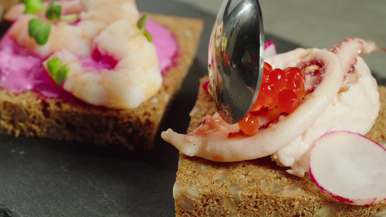 Delicious Appetizers with Shrimp, Squid, and Caviar