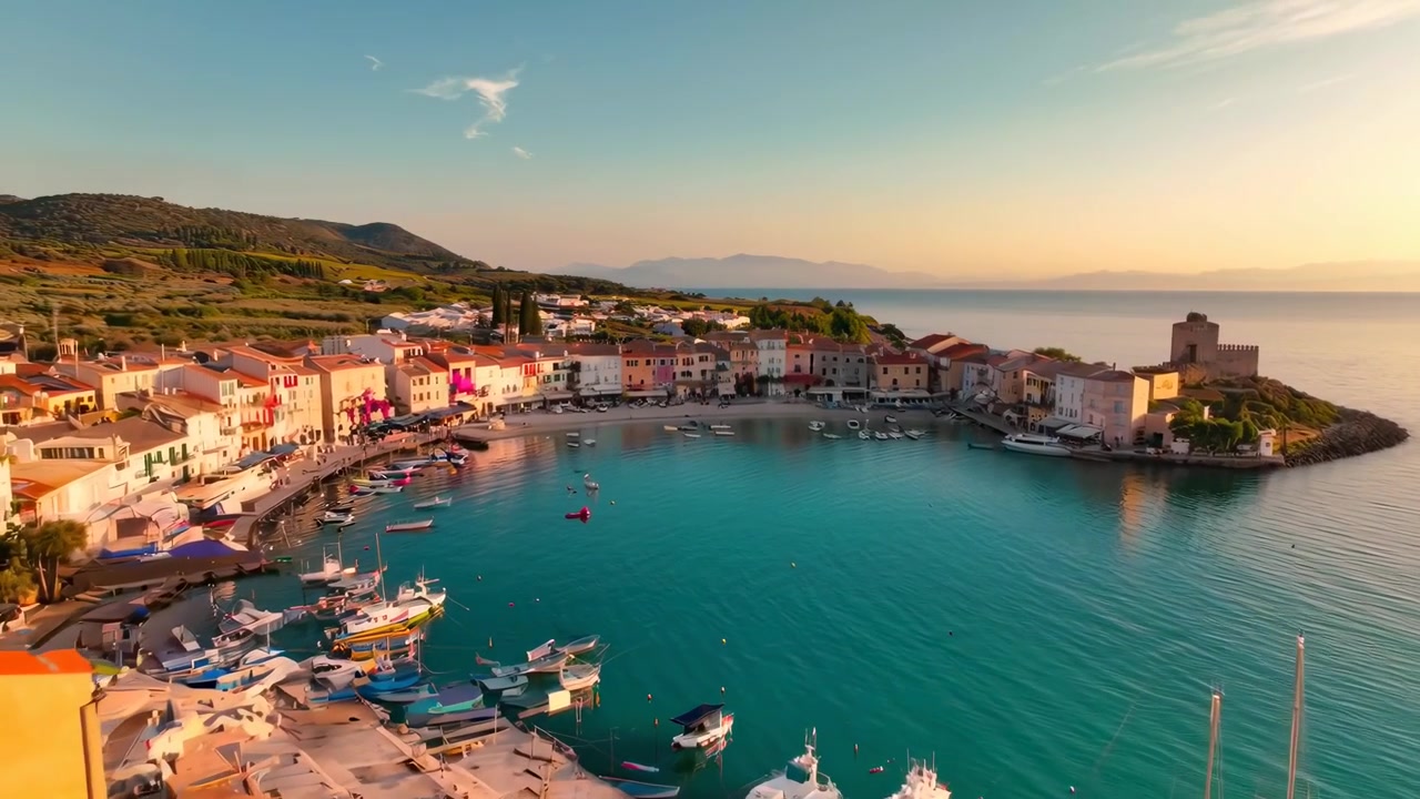 Vista aerea di un pittoresco borgo costiero al tramonto