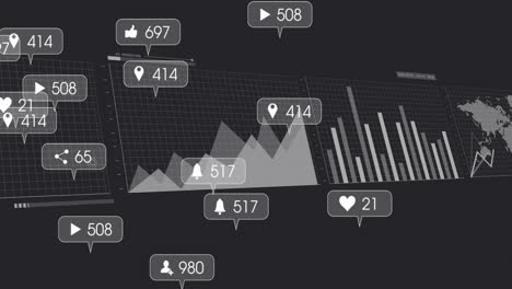 overlaying animation of engagement icons on data analytics graphs on dark background