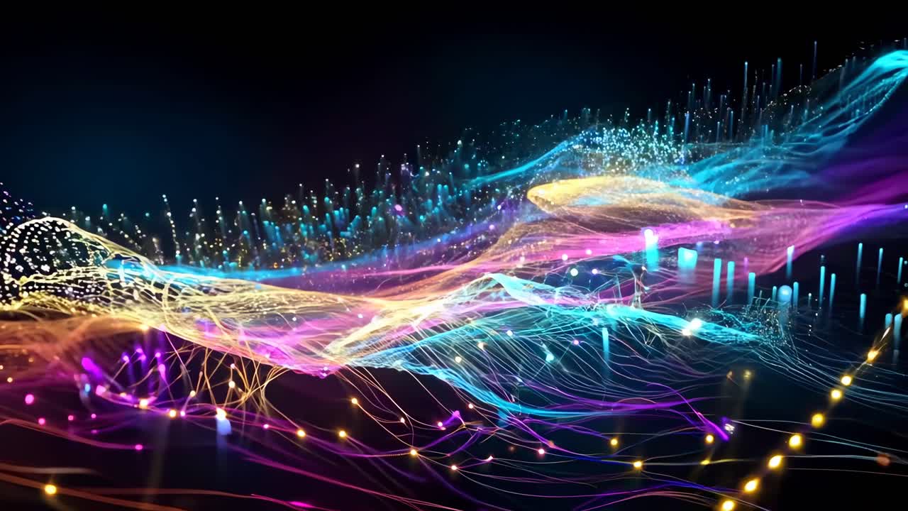 Abstract video of colorful, flowing waves of light particles
