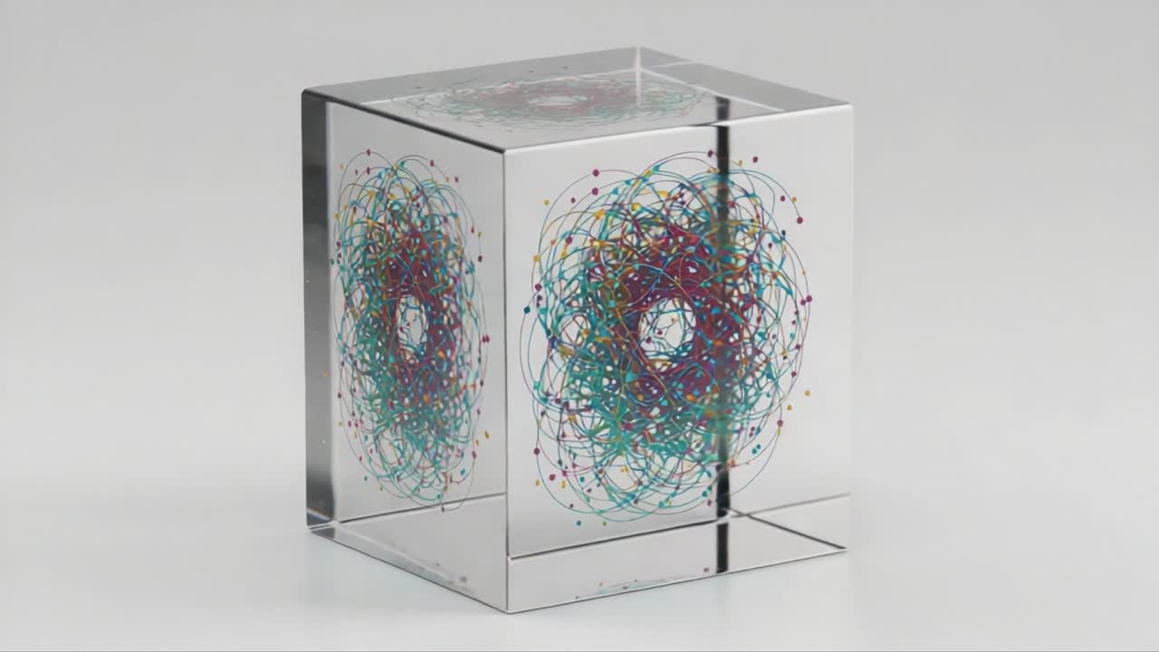 A Mesmerizing Display of Colorful Patterns Encased within a Clear Cube, Showcasing Intricate Swirls and Spirals That Capture the Imagination