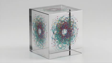 a mesmerizing display of colorful patterns encased within a clear cube, showcasing intricate swirls and spirals that capture the imagination