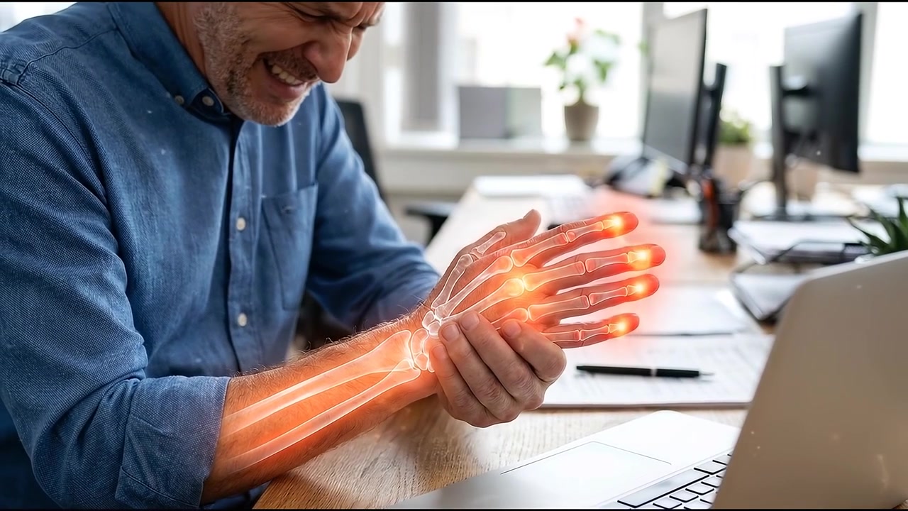 Homem sentindo dor na mão enquanto trabalha na mesa do escritório