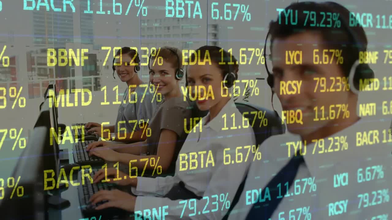 전화 헤드 ⁇ 을 착용한 사업가들에 대한 데이터 처리 애니메이션