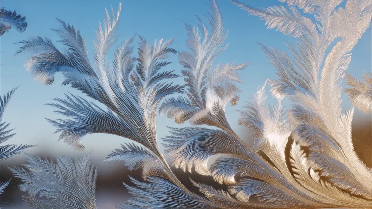 Intricate Frost Patterns on Window Glass Showcasing Nature's Beautiful Artwork and the Delicate Complexity of Ice Formations Against a Clear Blue Sky