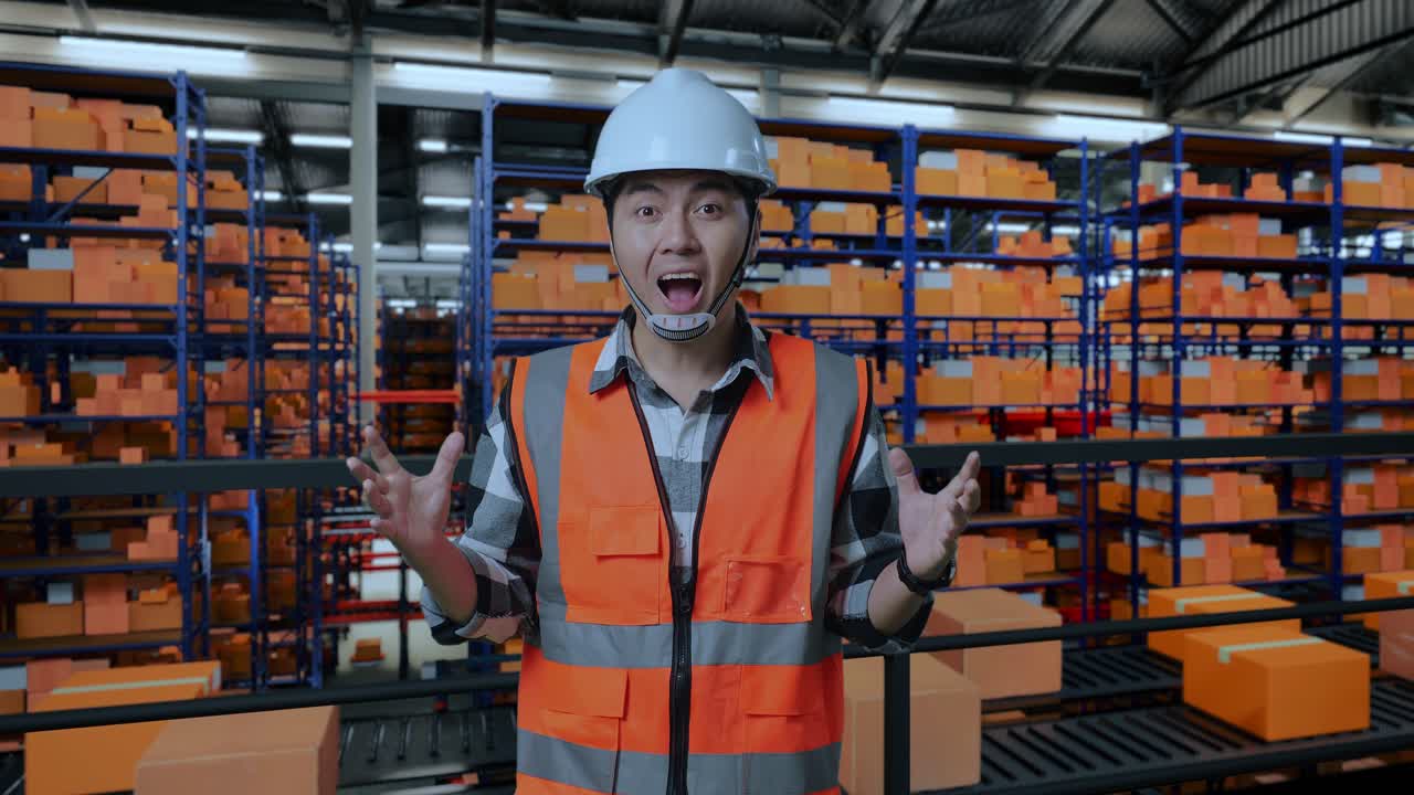 ingeniero masculino asiático con casco de seguridad de pie en el almacén con estantes llenos de productos de entrega. sonriendo a la cámara y diciendo wow en el almacenamiento