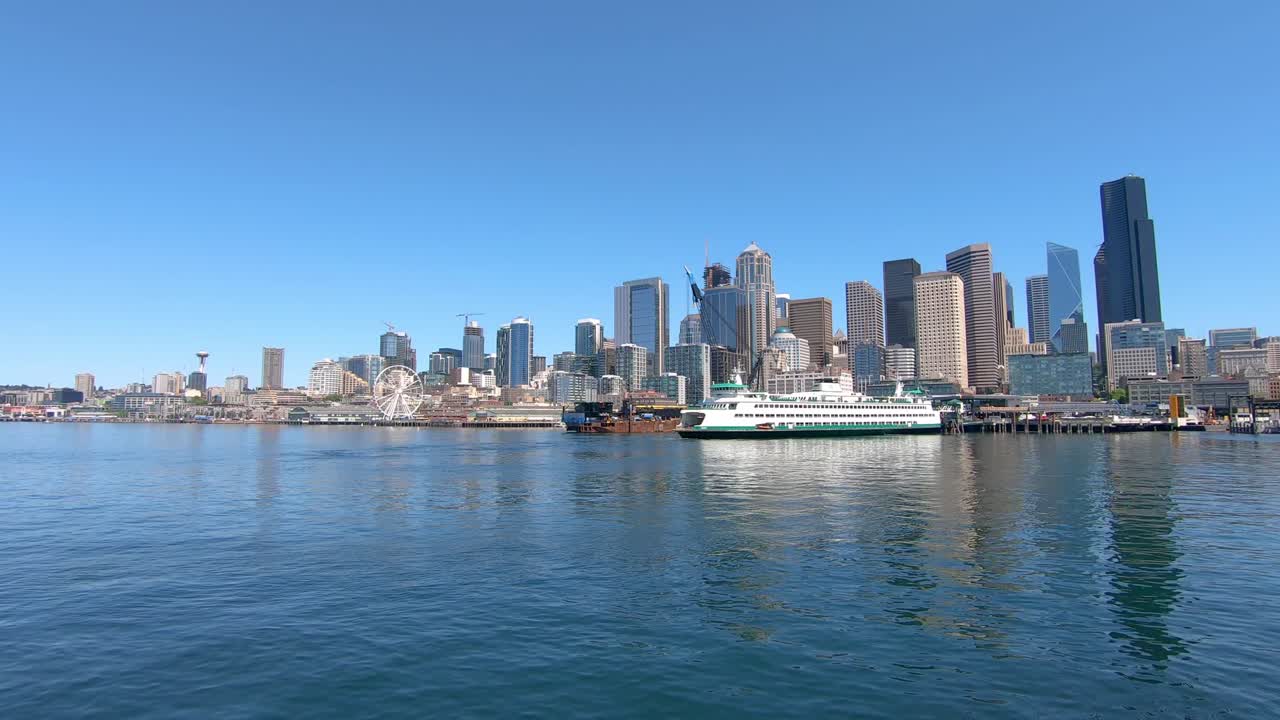 Scenic cityscape of Seattle from North pacific ocean, slow motion