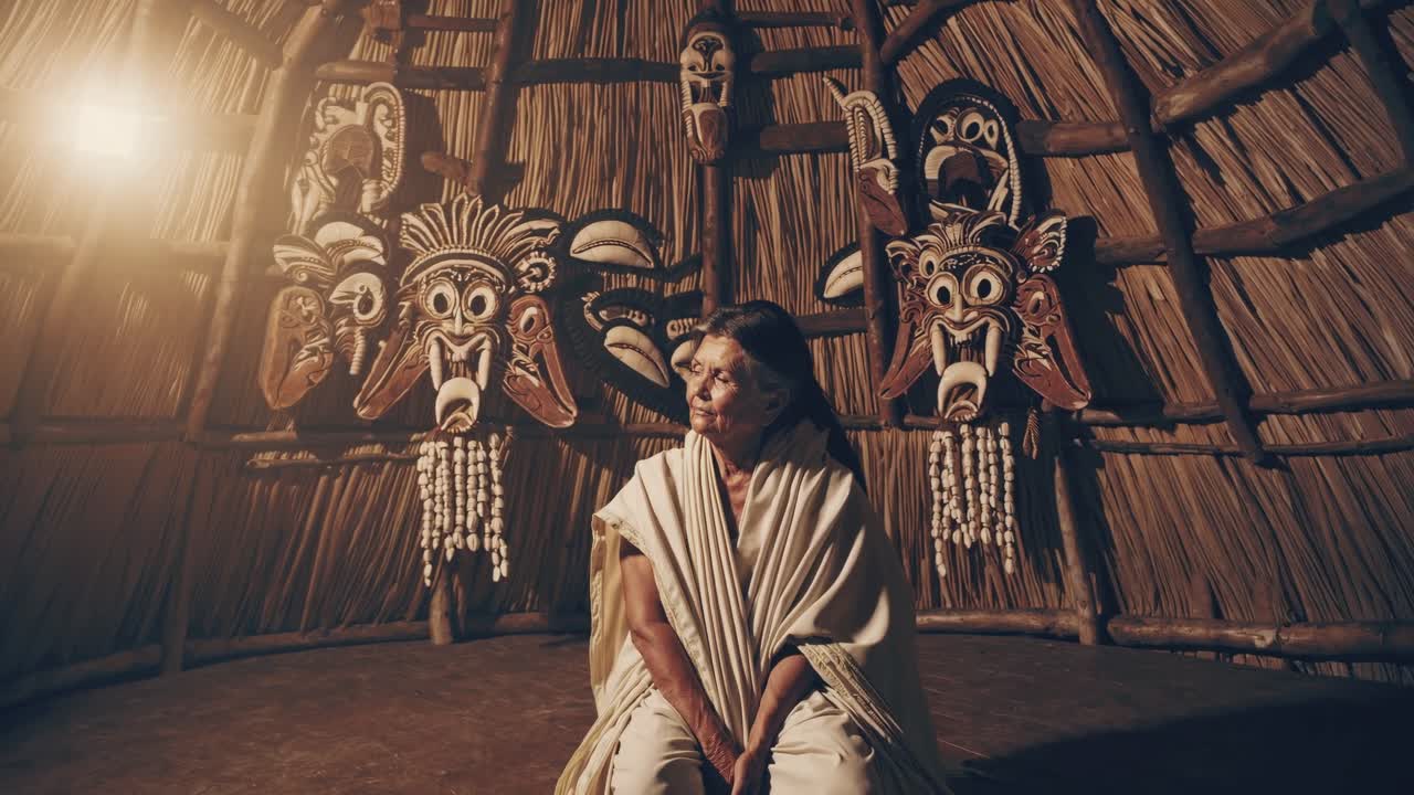 Indigenous senior woman wearing traditional clothing sitting in a straw hut with tribal masks hanging on the walls, representing ancient culture and traditions