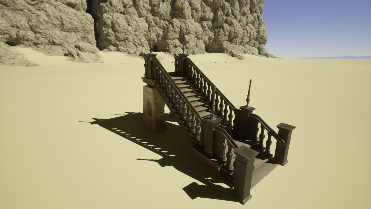 Staircase leading to a sandy landscape surrounded by rocky cliffs