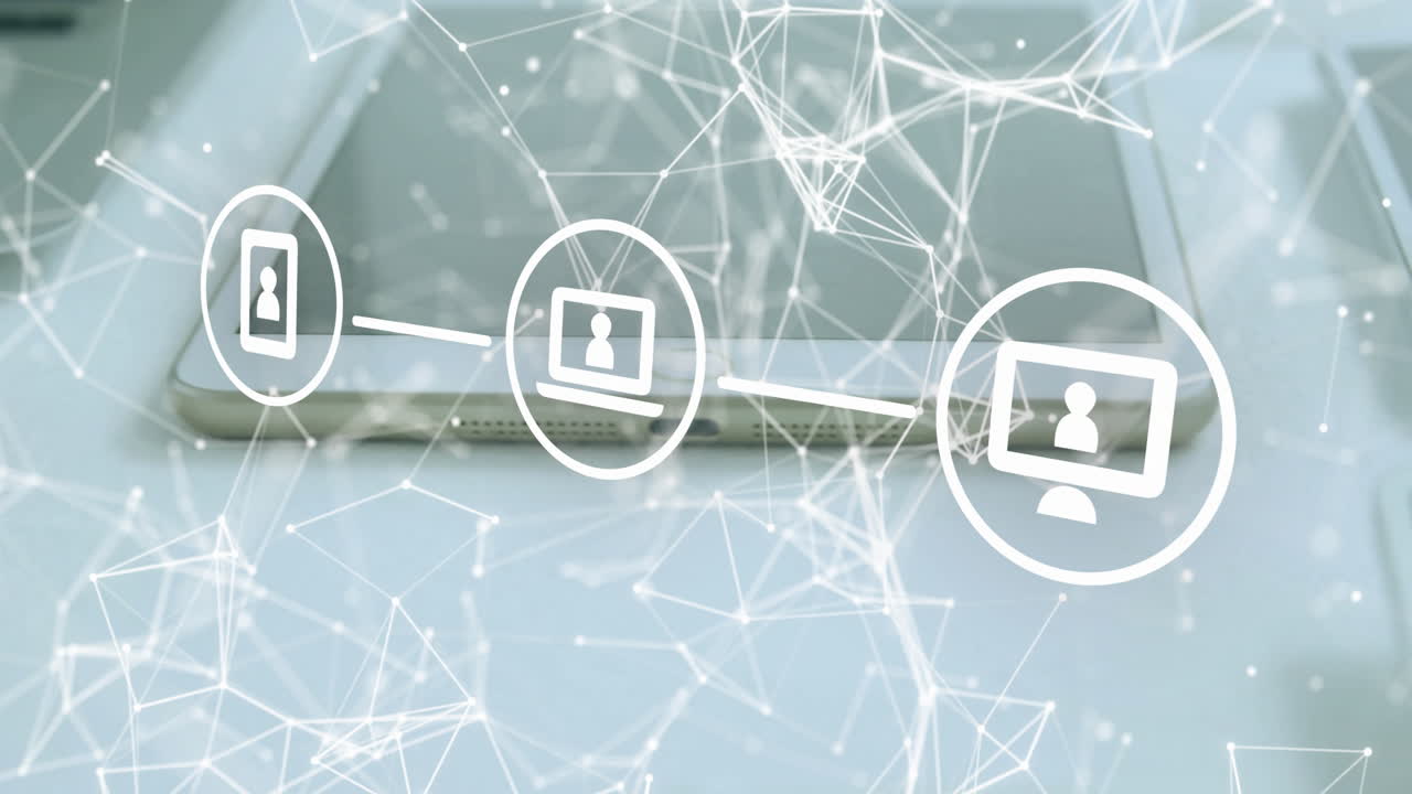 태블릿에서 아이콘으로 연결된 네트워크의 애니메이션