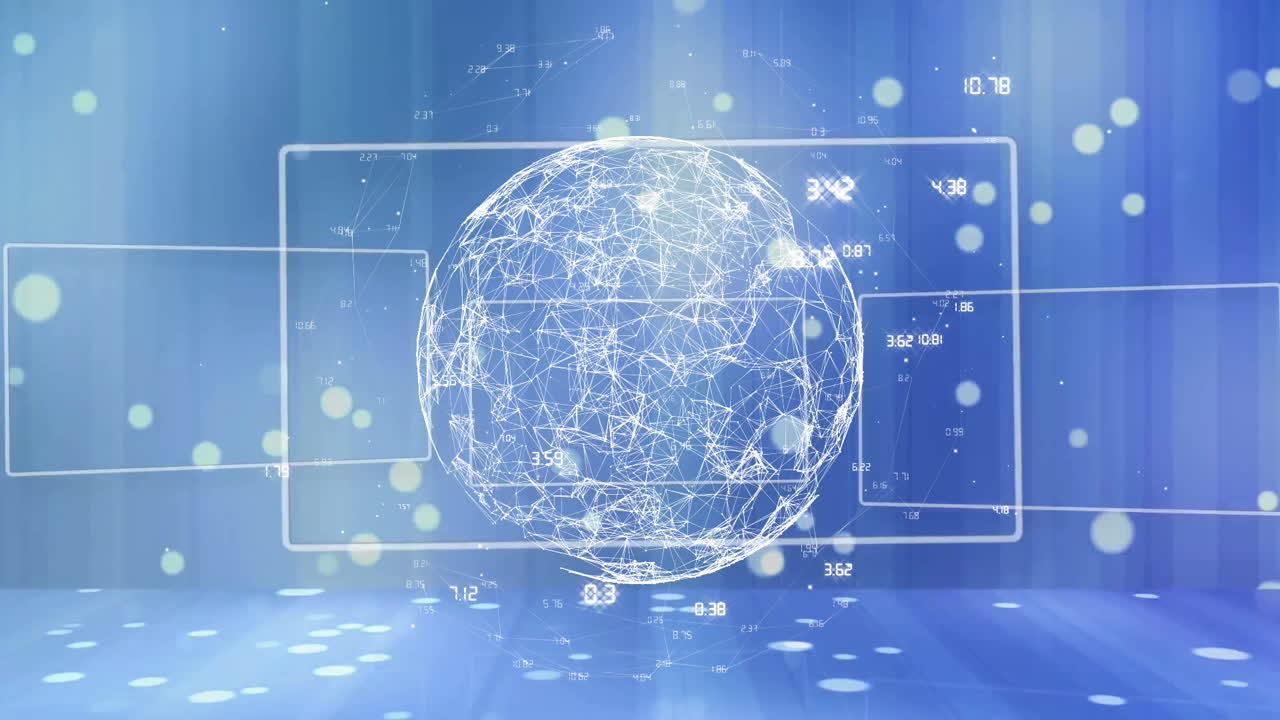 디지털 글로브 및 데이터 포인트 애니메이션 파란색 배경에 빛 효과