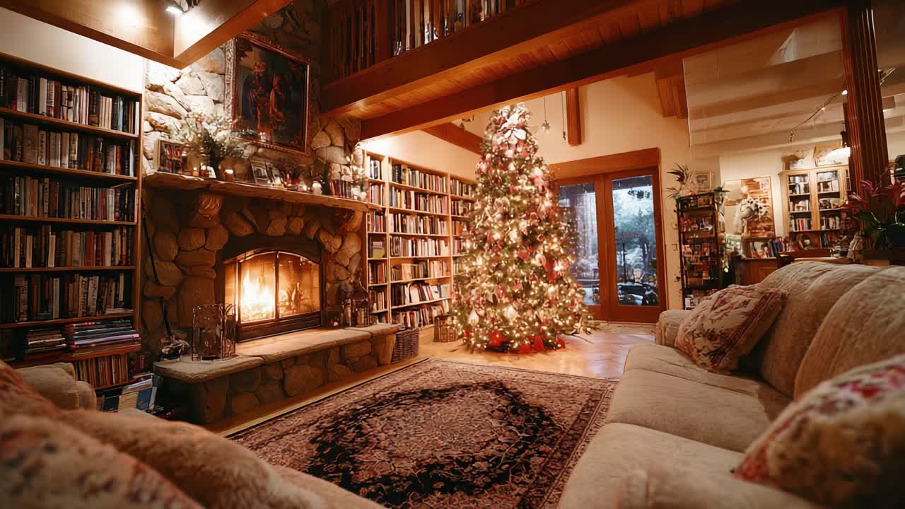 A warm and inviting living room adorned for the holidays, featuring a beautifully decorated Christmas tree, cozy fireplace, and bookshelves filled with literary treasures, perfect for festive gatherings