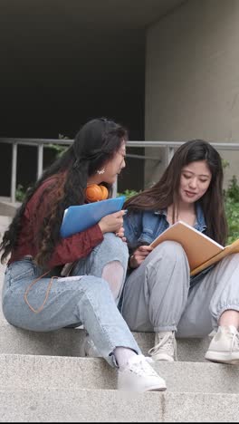 two asian girl students talking at break time sitting on campus
