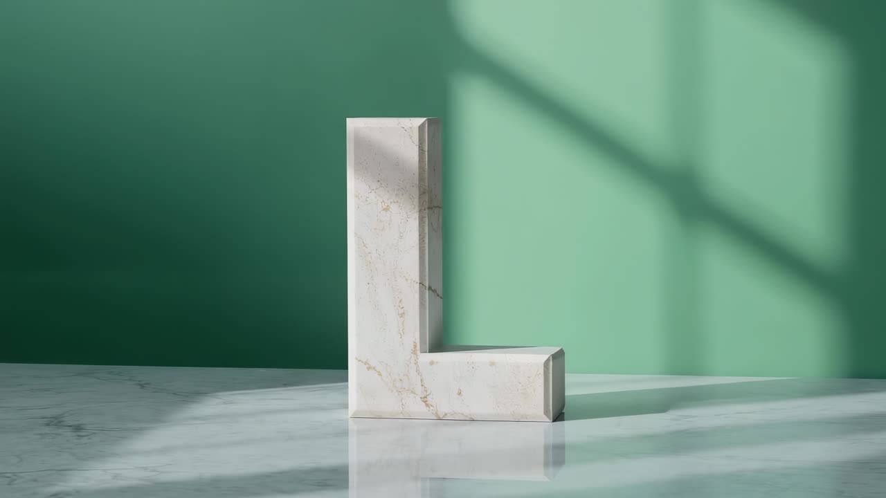 Orbiting camera circling marble L sculpture on table showcasing veins amid green wall grid shadows