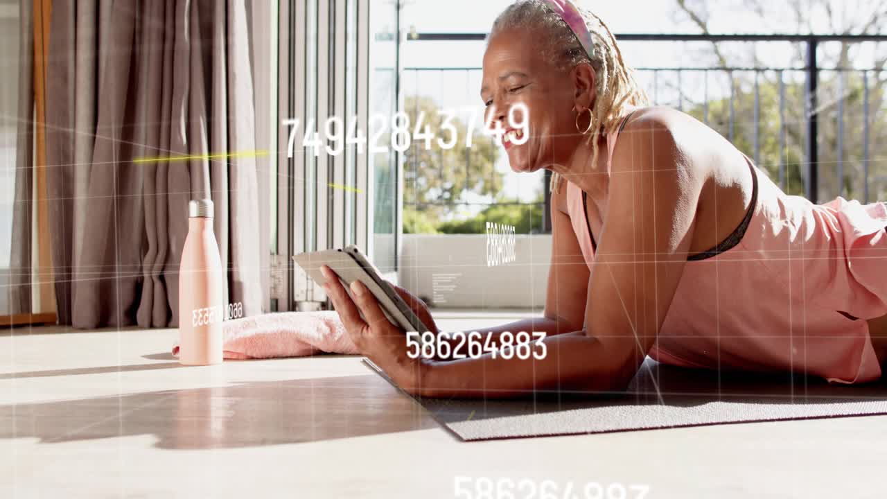 Dog crossing frame and blocking tablet view, woman propping on forearms following fitness overlays