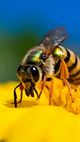 Macro Close-up of a Metallic Green Sweat Bee on a Yellow Flower