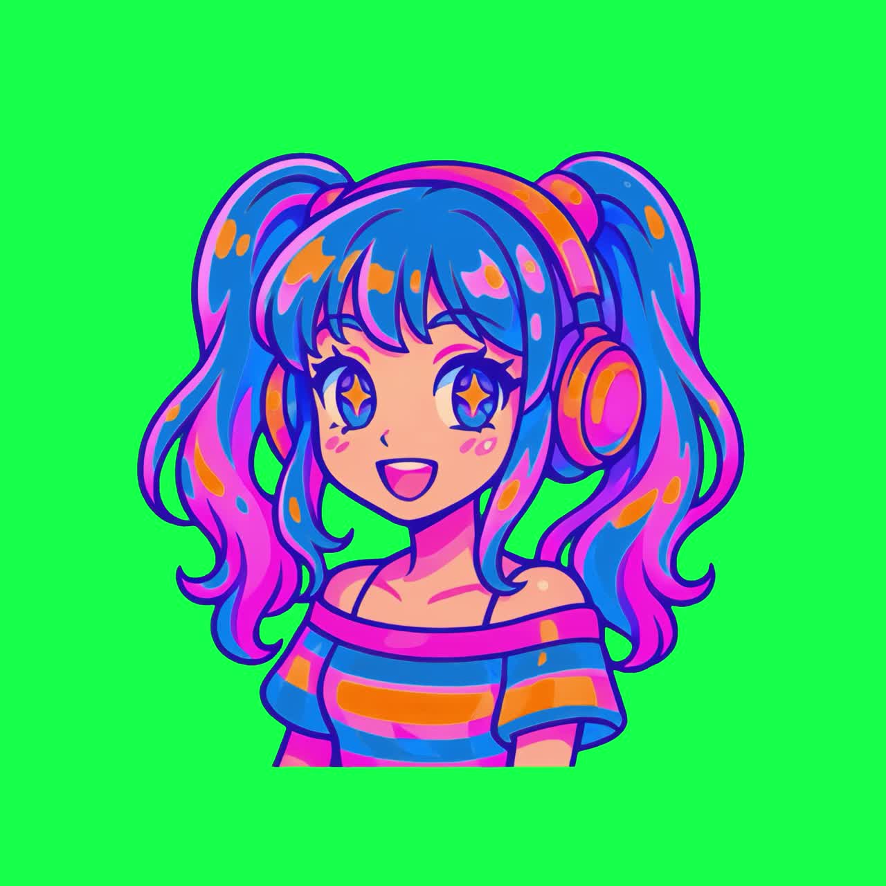 Animazione di una ragazza anime colorata che ascolta musica, video 4K trasparente, schermo verde