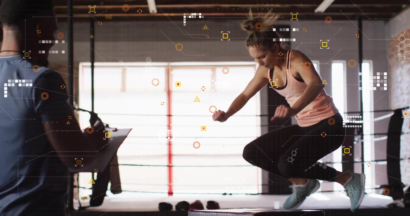 Woman adjusting wrist wrap and launching over plyo box for explosive training, HUD tracking motion