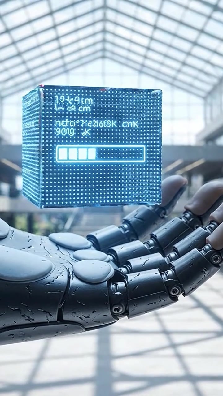 A Futuristic Robot Hand Manipulating a Digital Cube Within a Modern Architectural Space, Showcasing Advanced Technology and Innovation in Robotics and AI.