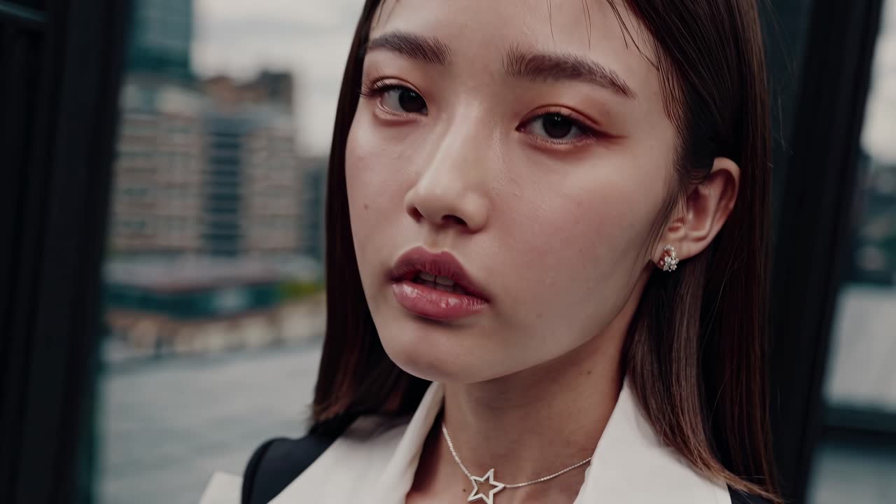 도시 지붕 위에 자신감 있게 서 있는 우아한 사업가 여성, 균형 잡힌 그리고 상적인 시선으로 광활한 대도시 스카이 라인을 조사하고 있습니다.