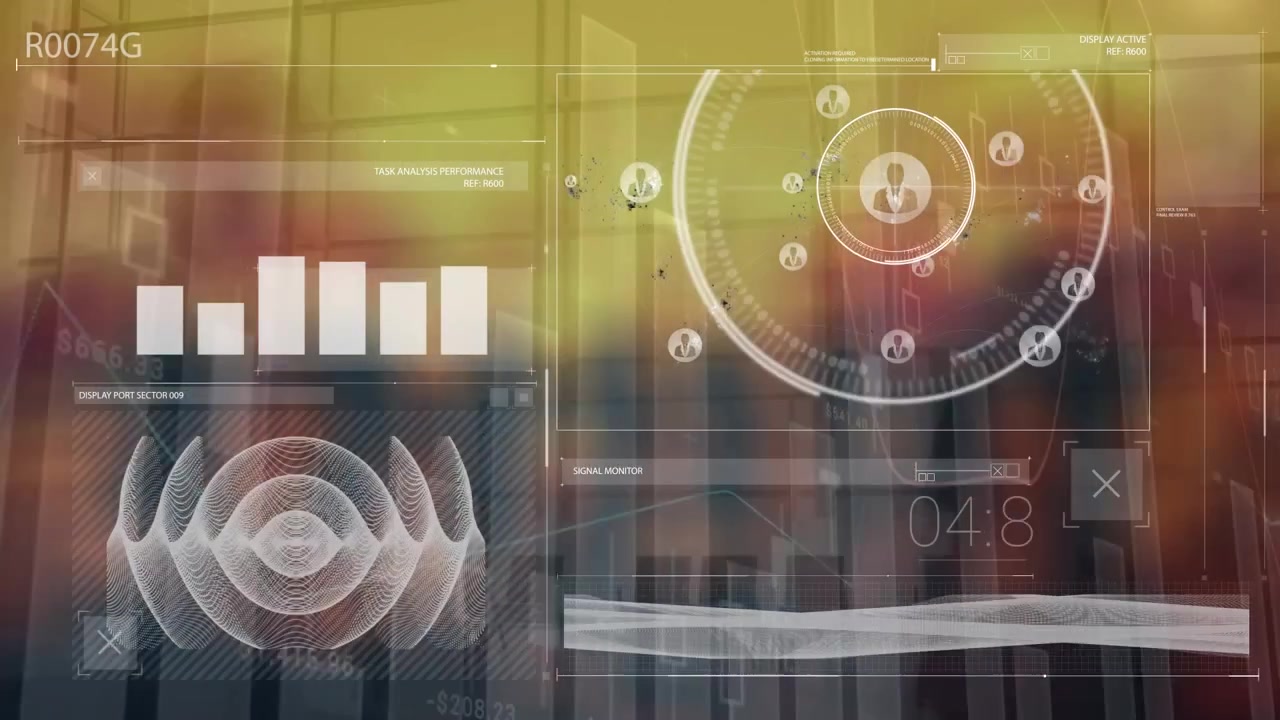 Animation of data processing and icons over cityscape