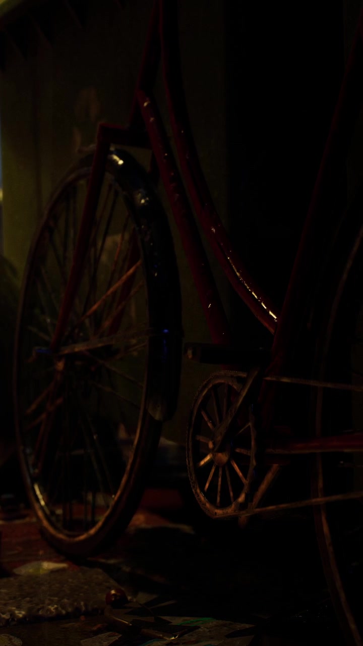 Bicicletta vintage rossa parcheggiata su una strada di notte