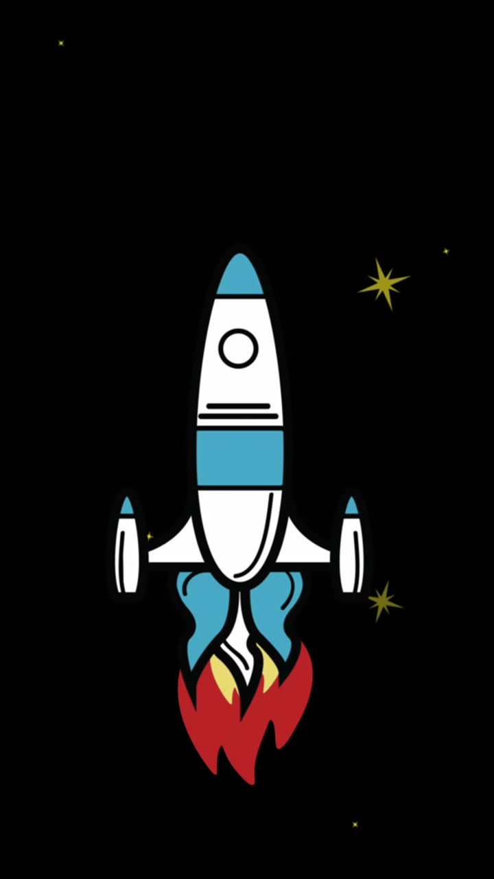 Animation of space rocket flying in space over stars on black background