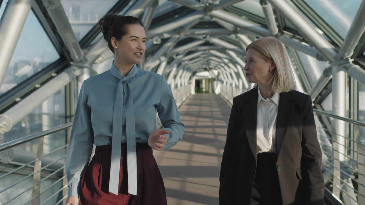 유리 다리를 따라 는 여성 사업 파트너