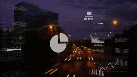 animation of data processing with business icons over cars on street and cityscape