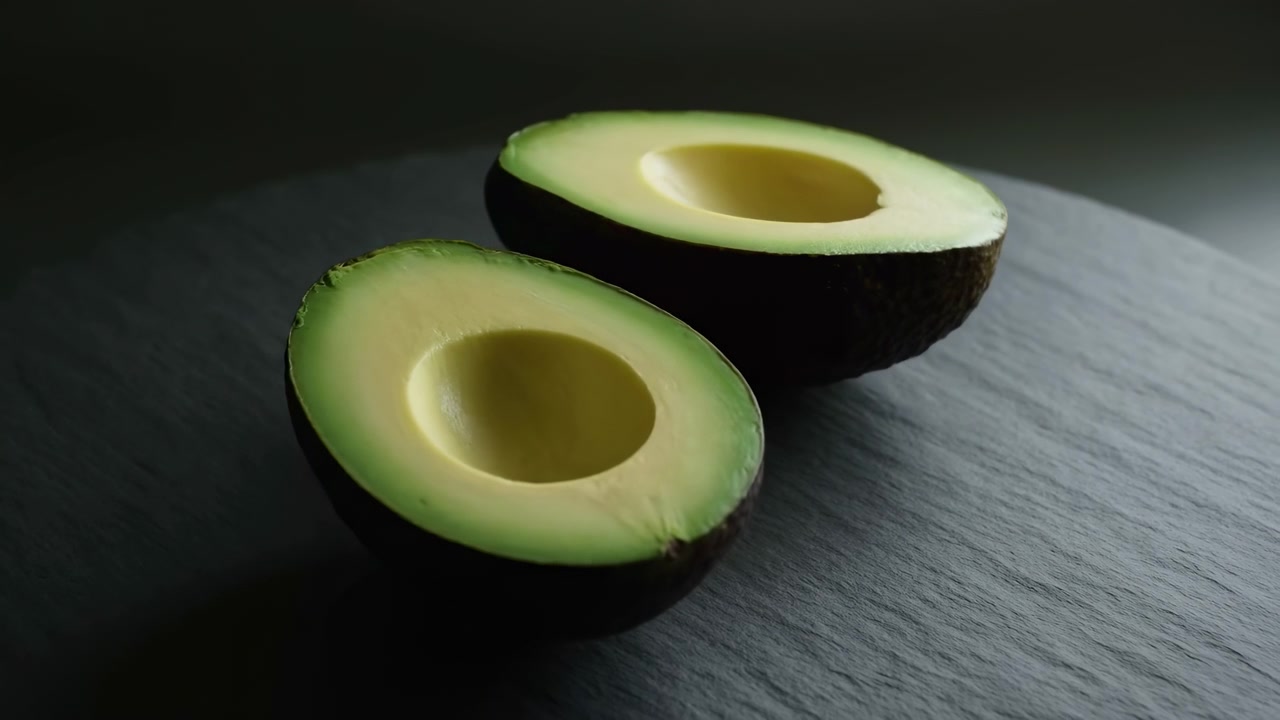 Nærbillede af skiveskårne avocadostykker placeret på en mørk overflade, der fremhæver cremet grøn tekstur, runde kerner, naturlige farver og blød retningsbestemt belysning med en minimalistisk komposition.