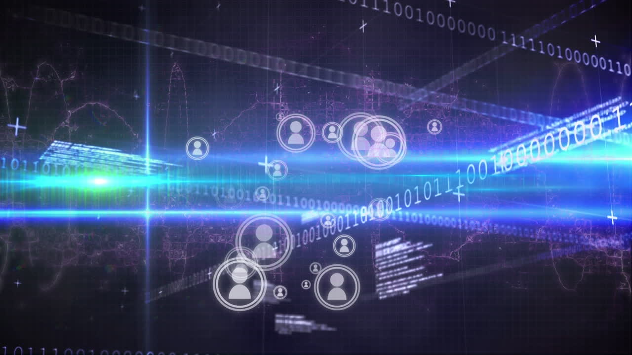 검은색과 파란색 배경에 있는 바이너리 코드 위의 다양한 아이콘의 애니메이션