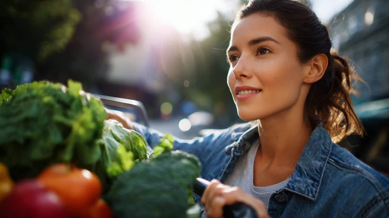 A young woman joyfully pushes a shopping cart filled with fresh vegetables and fruits, basking in the warm sunlight, embodying happiness and vitality while enjoying a moment of grocery shopping