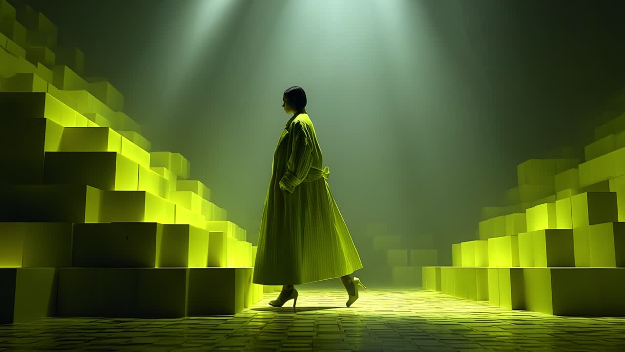 A Model Elegantly Walks Through a Dimly Lit Environment Featuring Bright Yellow Boxes, Under Dramatic Lighting that Highlights the Fashion and Artistic Ambiance of the Scene