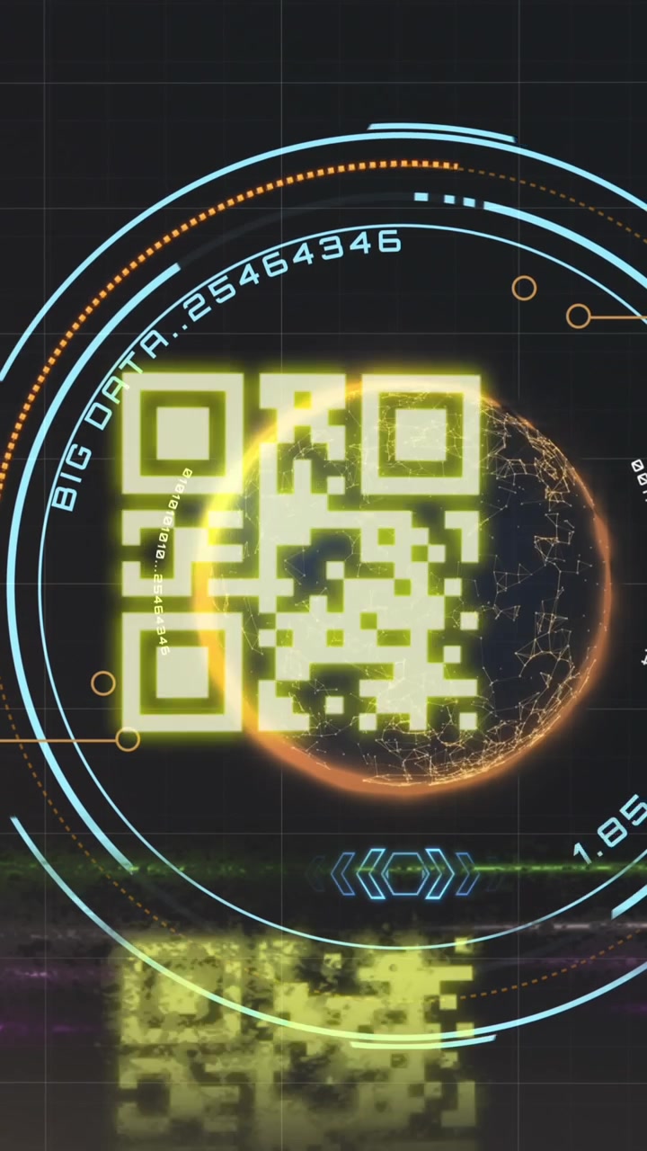 QR code scanner with neon elements against data processing and spinning globe
